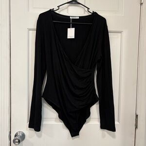 MANGOPOP Black Bodysuit Long Sleeve Asymmetrical‎ Wrap Ruched Deep V-neck XL NWT